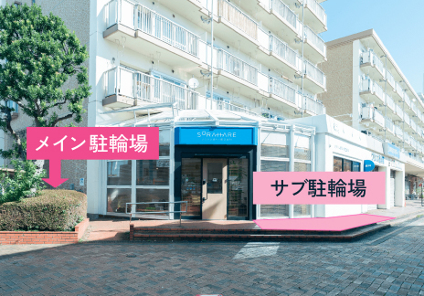 ソラハレ歯科・矯正歯科の駐輪場所を案内する写真。クリニック正面玄関に向かって左側がメイン駐輪場、右側がサブ駐輪場です。