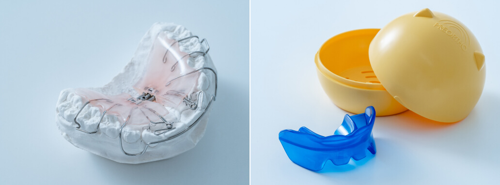 プレート型装置やマウスピース型トレーナーなど、お子様の症状に合わせて使う様々な矯正装置