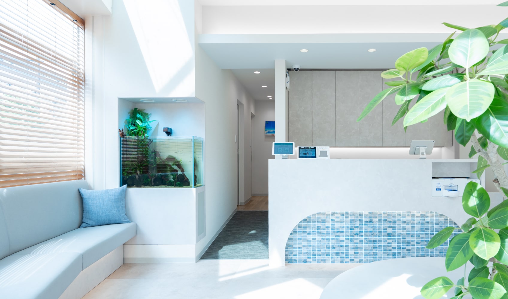 リラックスして過ごせるソラハレ歯科・矯正歯科の待合スペース。デザイン性の高い、明るく開放的な空間です。